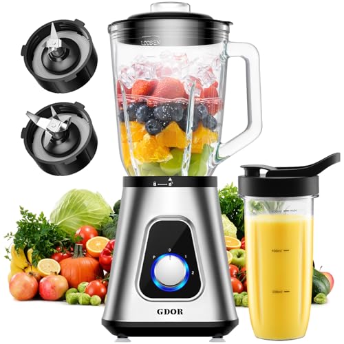 GDOR 1200W Blender for Smoothies and Shakes, 52 Oz Countertop Blender & 22 Oz Personal Blender Combo, 6-leaf Blade, 3 Adjustable Speed for Juices, Frozen Fruit Drinks, Sauces, Self-Cleaning