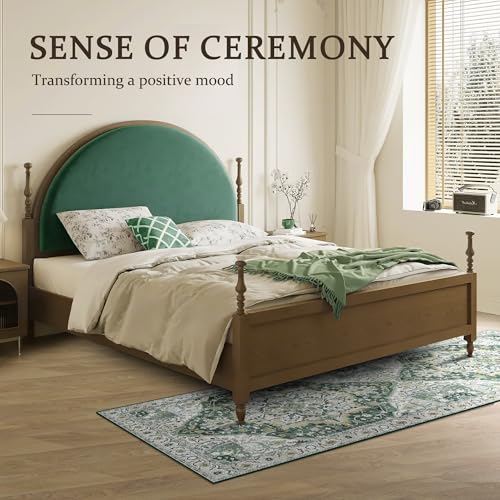 Deerly Green Washable Kitchen Runner Rug 3x7 Boho Vintage Hallway Entryway Throw Rug Faux Wool Non-Slip Low-Pile Floor Carpet for Indoor Front Entrance Kitchen Bathroom Bedroom