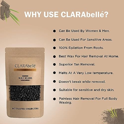 Image of Clarabelle Activated Charcoal Hard Wax Beans | Painless Stripless Hair Removal for Women & Men | For Bikini Line, Upper Lips, Arms, Legs, Underarms & Full Body | Removes Coarse Hair from Root (800g)