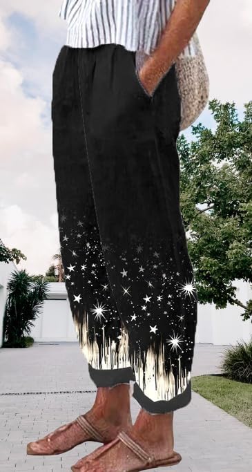 Womens Fashion 2024 Summer Casual Star Printed Palazzo Pants Loose Elastic Waist Cotton Trouser Flowy Leg Pants - Image 3