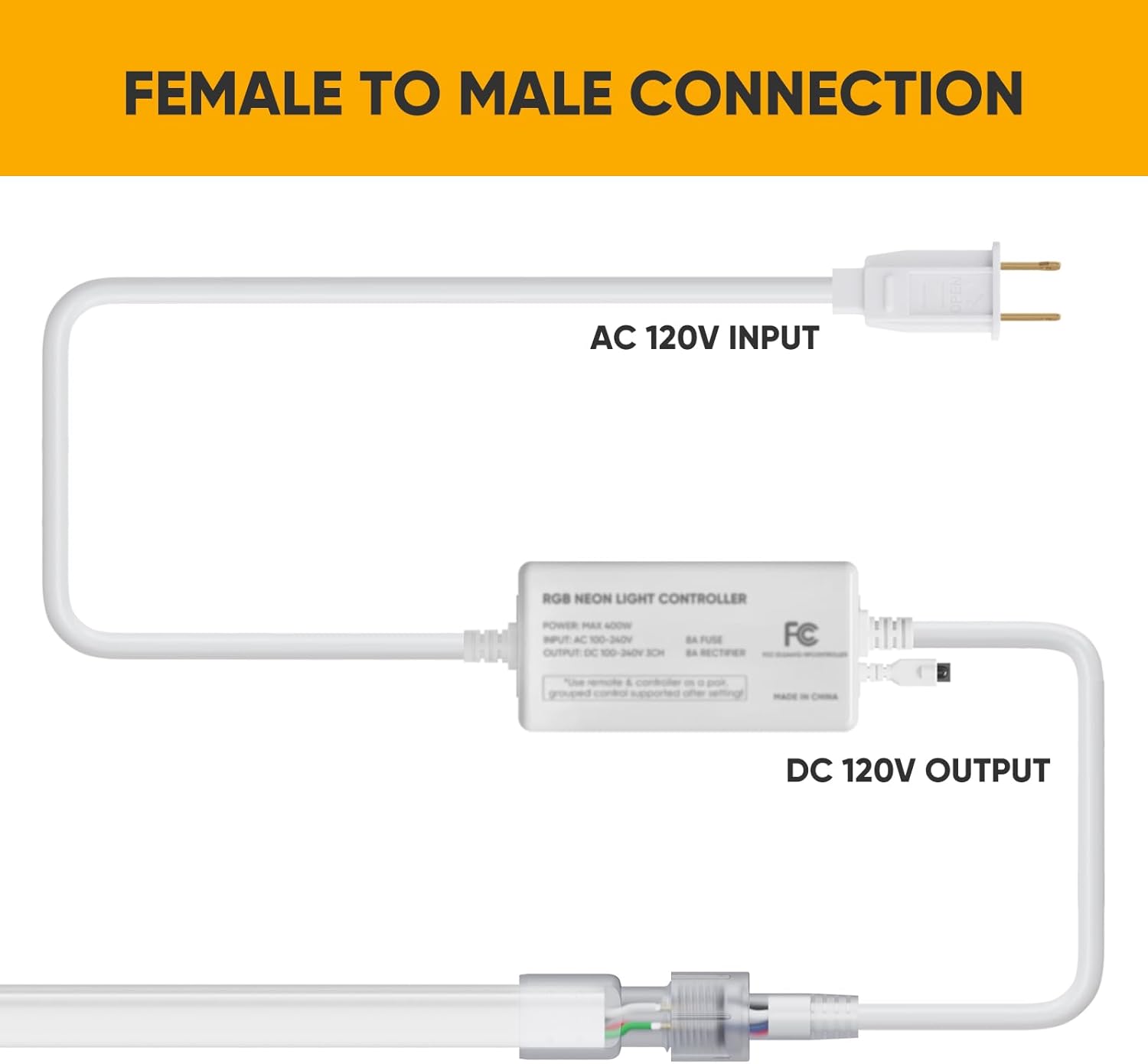 LED Strip Controller with Remote, Male-Female Connectable Power Supply Neon Lights Only