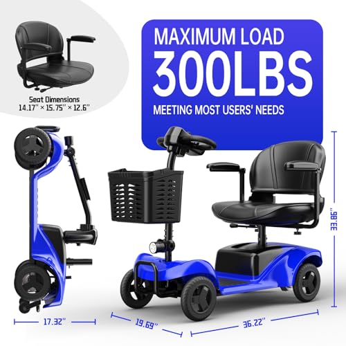 Image of Mobility Scooter,4 Wheel Mobility Scooter,15 Miles Range,300W Motor, 300LBS Capacity,Lightweight and Portable,with LED Headlights and Basket,Charger Included,Blue