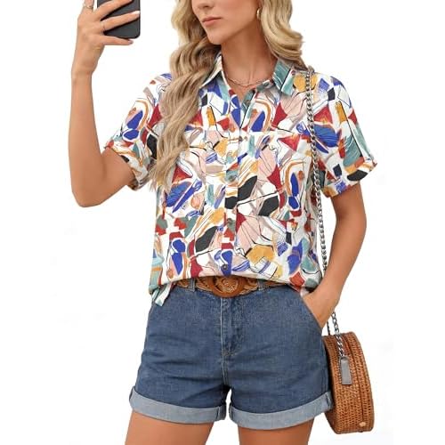 Button Down Shirt for Women Short Sleeve Blouses Dressy Casual Business Work Summer Vacation Tops Hawaii Shirts with Pockets Small Colorful Abstract
