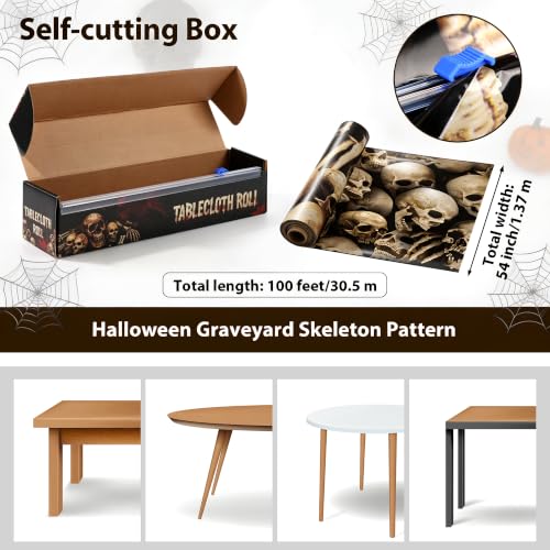 Image of Kochorie 100 Ft x 54 Inch Halloween Graveyard Skeleton Tablecloth Roll with Cutter Box Waterproof Plastic Horror Theme Catacombs Skull Photography Backdrop for Halloween Spooky Party Decor