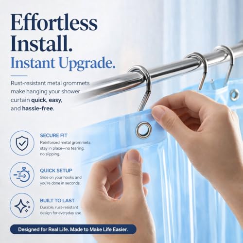 Image of EHZNZIE Clear Blue Shower Curtain Liner 72x72, PEVA Waterproof Bath Curtain, No Chemical Smell, 3 Weighted Magnets, Durable with Rustproof Metal Grommets