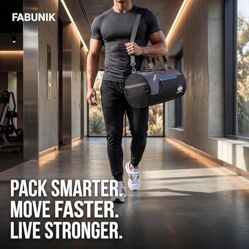 Image of Quicknik Gym Bags for Men Compact Sports Duffle for Women Unisex Duffle Bag | Unisex Duffle Bag for Gym, Travel & Sports | 22L | Black, Blue & Grey