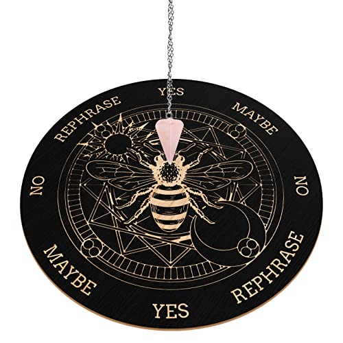 INFUNLY Wooden Pendulum Board 7.9" Bee Magic Circle Witch Dowsing Divination Planchette Board Metaphysical Message Board with Healing Crystal Necklace for Beginners Witchcraft Altar