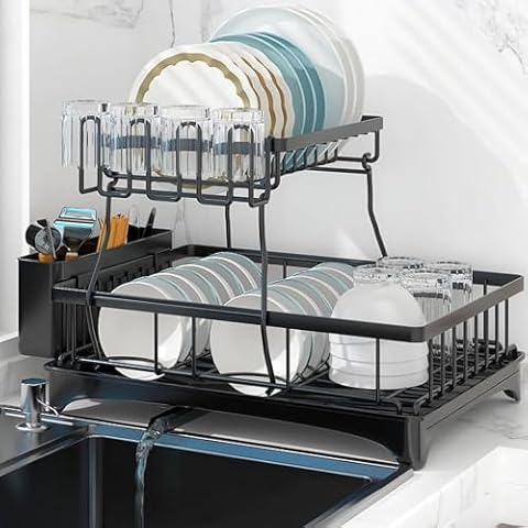 2-Tier Dish Drying Rack with Utensil Holder, Black Cover