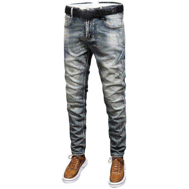 Mens Jeans Retro Light Blue Stretch Slim Fit Printed Ripped Jeans Men Hole Trousers Vintage Casual Pants