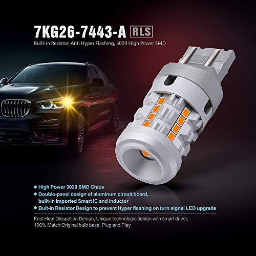 SIRIUSLED RLS 7443 7444 Built In Resistor Canbus Anti Hyper Flashing Error LED Turn Signal Light Bulb with Full Aluminum Body Dual Filament Smart Driver Amber Orange Color Pack of 2