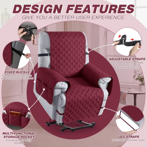 Image of TAOCOCO 100% Waterproof Recliner Covers With Leg Straps, Reversible Recliner Couch Cover For Reclining Chair, Washable Couch Protector For Pets Kids (1 Seater 22 inch, Wine)