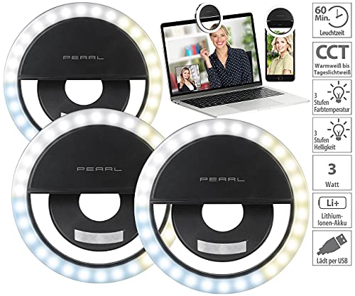 PEARL Videoleuchte: 3er-Set Akku-Ringlicht f&uuml;r Smartphones, 72 CCT-LEDs, Ø 3,3 (8,5 cm) (Handyleuchte, Ringleuchten, Monitor Halterung)