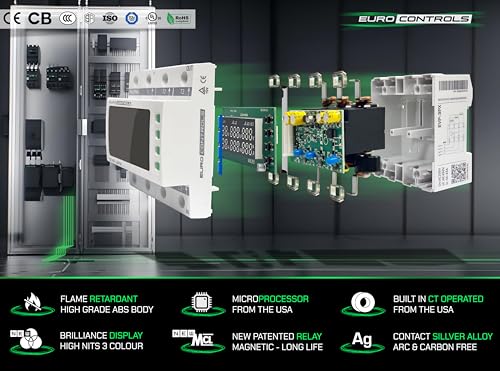 Image of EuroControls EVP3PX - 3 Phase Voltage Protector - 63A - Adjustable Over /Under Voltage /Over Current /Voltage Asymmetry /Phase Sequence & Failure Protector - Auto Recovery Switch - Voltage & Amp Meter