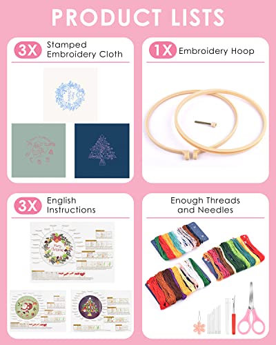 Image of TINDTOP Christmas Embroidery Kit for Adult, 3 Sets Embroidery Stitch Practice kit Include Embroidery Cloth Hoops Threads for Craft Lover Hand Stitch | 3 Sets Include Embroidery Cloth Hoops Threads for Craft Lover Hand Stitch