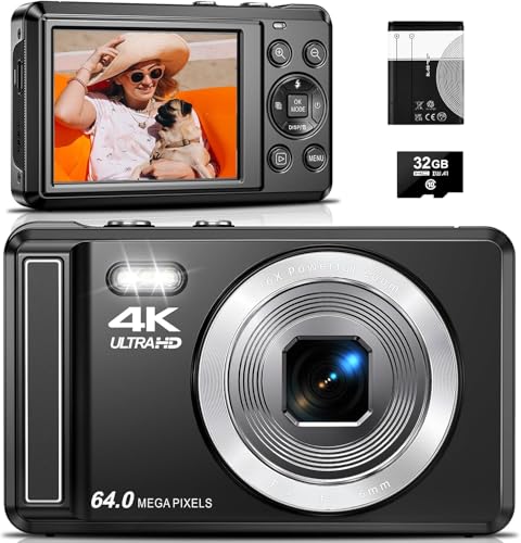 4K Digital Camera, 2.8 Inch 64MP UHD Photo Camera with 32GB Card, 1200 mAh Battery, 16x Digital Zoom, Autofocus, Compact Camera for Children, Beginners, Teenagers