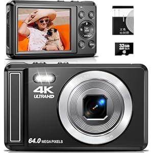 4K Digital Camera, 2.8 Inch 64MP UHD Photo Camera with 32GB Card, 1200 mAh Battery, 16x Digital Zoom, Autofocus, Compact Camera for Children, Beginners, Teenagers
