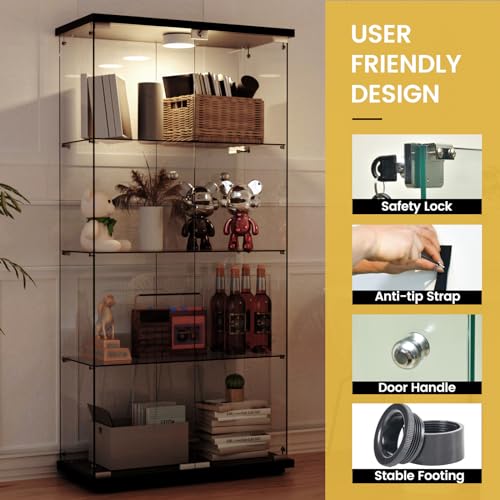 Glass Display Cabinet with LED Lights — 4-Shelf Lockable Tempered Glass Showcase, 65 x 32 x 14.3 Inches — Adjustable Multi-Color Lighting for Modern Home & Commercial Use, Black