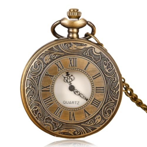 Image of FWYDRJZC Men's Vintage Pocket Watch with Chain, Retro Quartz Fob Watch with Roman Numerals Dial, Antique Style Metal Case Timepiece for Wedding Birthday Gift and Steampunk Accessories
