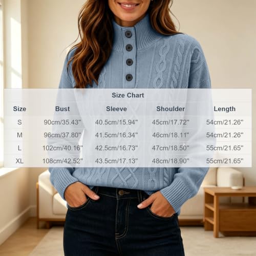 Sweaters for Women Mock Neck Cable Knit Pullover Button Collar Loose Fall - image 5