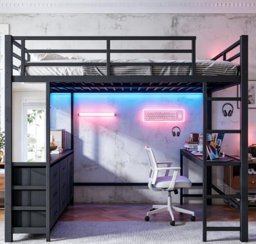 Image of Bellemave Metal Queen Loft Bed Frame with Desk, Storage Drawers,USB,Mirror for Adults,Kids,Teens,Black