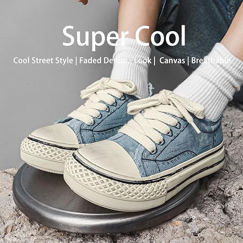 Women's Chunky Canvas Sneakers, Retro Cool Faded Denim - Look, Soft & Breathable, Comfy Frayed - Edge Trendy Shoes3