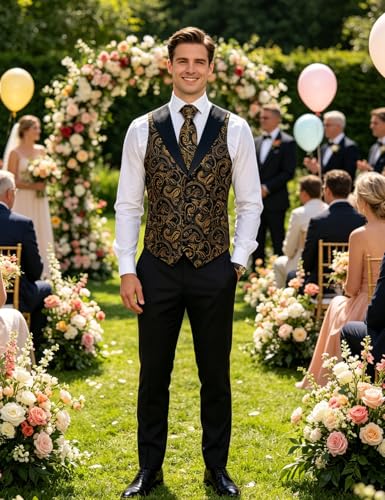 Image of DiBanGu Mens Paisley Suit Vest Silk Jacquard Waistcoat and Necktie Set Formal Shawl Collar Dress Vest 7PCS for Wedding Party