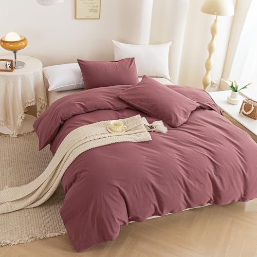 Image of ECOCOTT Duvet Cover King Size, 100% Washed Cotton Linen Feel Comforter Cover - 3pcs Dusty Rose Bedding Set with Zipper Closure & Corner Ties