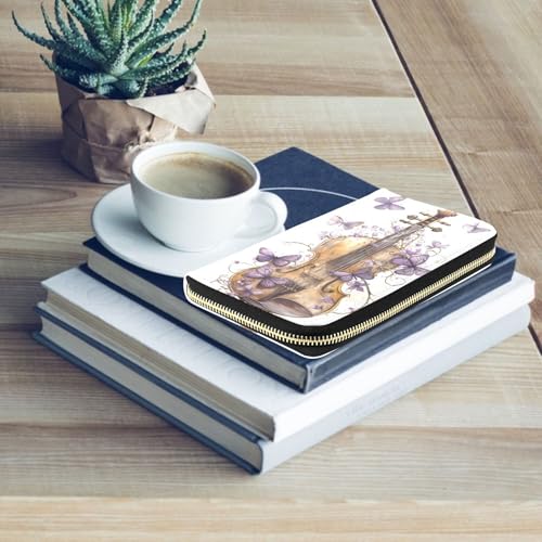 MNSRUU Womens Wallet Purses, Violine with Lilac Butterflies Clutch Purses for Women RFID Blocking Credit Card Holder Wallet Leather Zipper Coin Purse3