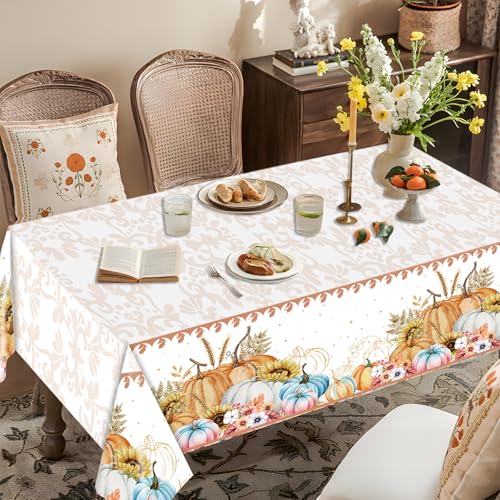 Image of 3-Pack 54 x 108 Inch Pastel Pumpkin Thanksgiving Plastic Tablecloth - Elegant Fall Table Cover with Watercolor Pumpkins and Floral Accents for Autumn Dinner, Harvest Parties, and Friendsgiving Decor