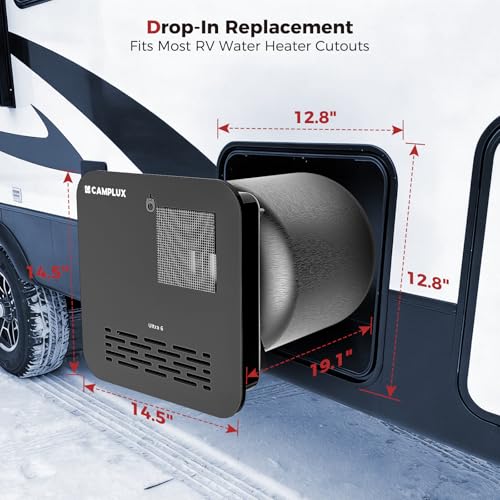 Image of CAMPLUX 6 Gallon RV Water Heater, Gas /Electric /Hybrid, 12,000 BTU, 1440W, Porcelain-Lined Tank with Anode Rod, DSI Ignition, Compatible with Suburban & Dometic, Black