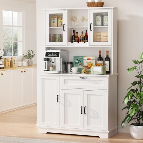 Image of Shintenchi 68 inch Kitchen Pantry Storage Cabinet, with Microwave Stand, White