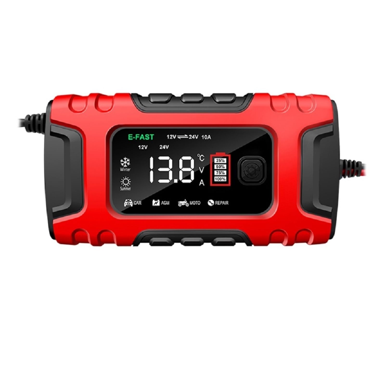 12V-24V 7-stopniowa Inteligentna Ładowarka Samochodowa W Pełni Automatyczna 10A Cyfrowa Naprawa Impulsów Do Kwasu Ołowiowego Wydajne Szybkie ładowanie(Red)