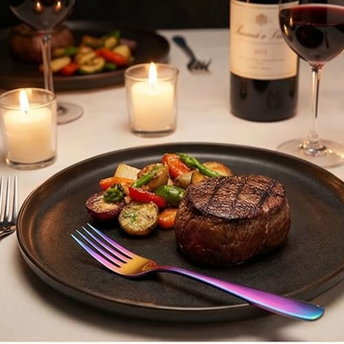 Image of 7.7 inch Rainbow Dinner Forks Set of 4 - Food-Grade 18 /8 Stainless Steel Silverware, Durable Mirror Polished Metal Forks, Dishwasher Safe, Perfect for Home, Restaurant, and Gifting