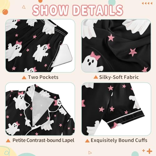 Satin Pajama Sets Short Sleeve Cute Ghosts with Pink Bows Button Down Silky Nightwear 2 Piece PJS 5-14Y 6