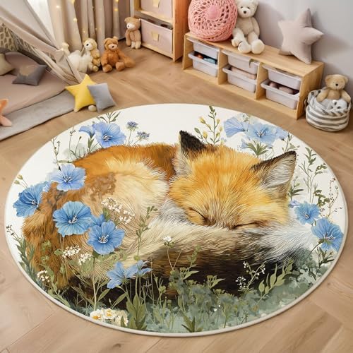 Alfombra Redonda Acuarela Animales Salvajes Antideslizante, Alfombra Estampado Zorro Macizo De Flores Pelo Corto Suave, fácil de Limpiar Amarillo Alfombras, para Sala de Estar Dormitorio Cocina 90cm