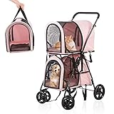 LONABR Folding Dog Stroller 3-in-1 Double Pet Stroller Detachable Carrier Bags - Large 4 Wheels...
