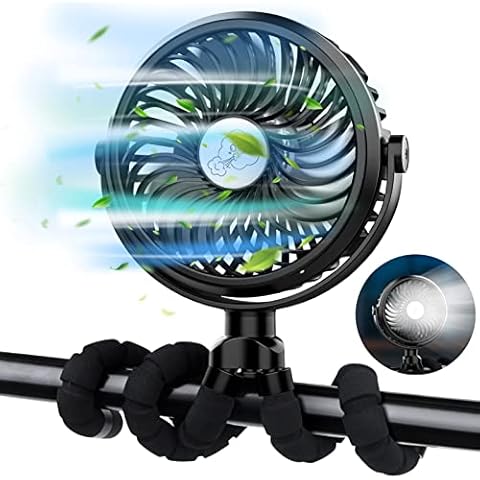 FITA Desk Fan USB, Stroller Fan 3 Speeds Adjustable Handheld Portable Fan with Flexible Tripod, 360° Rotating Battery Powered Cooling Pram Fan Pushchair Fan with Night Lights for Bike Camping BBQ Gym Cover