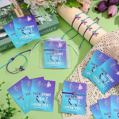 150 PCS Suicide Prevention Awareness Bracelets Adjustable Cord Teal and Purple Ribbon Braided Bracelets with Cards and Bags Inspirational Suicide Prevention Gifts for Women Men Mental Health Jewelry3