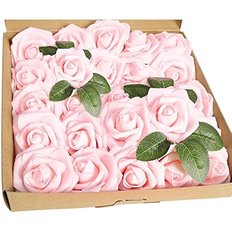 YoungLove 25pcs Pink Roses Artificial Flowers Blush Flowers for Crafts Artificial Roses for Decoration Artificial Flower Stems Party Home Decorations Cover