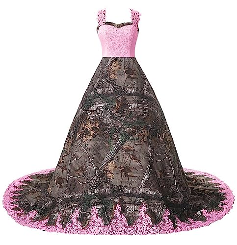 YINGJIABride Straps Ball Gown Camo and Lace Wedding Dresses for Bride Long with Train Pink Size 22W
