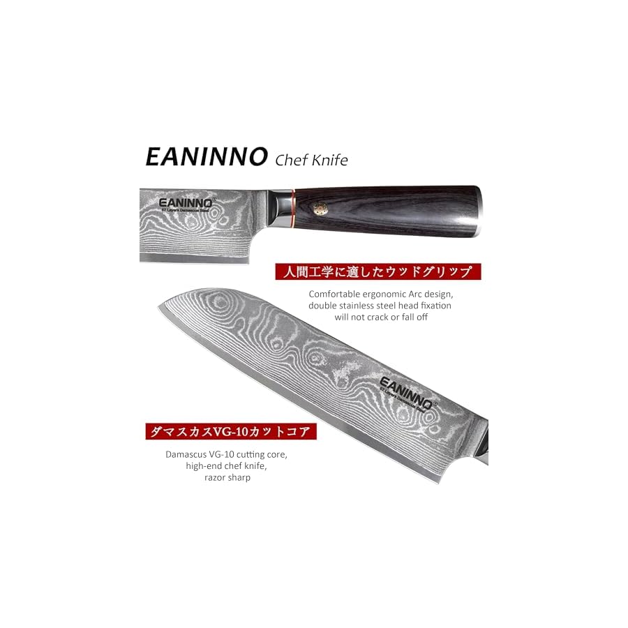 EANINNO Japan Santoku Damascus Japanese Chef Knife 7 inch, VG-10 Damascus Steel 67 Layer Kitchen Cutting Knife, Asian Chef's Knife for Meat Vegetable Wood Handle