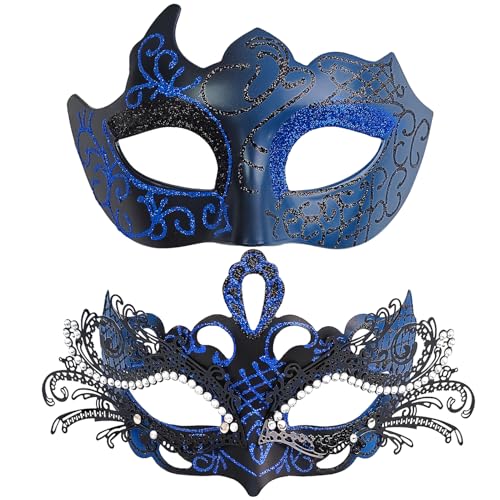 FABLENOVA Masquerade Mask for Couples Elegant Metal Filigree Venetian Mask with Shiny Rhinestones Mardi Gras Mask for Women & Men-Black and Blue