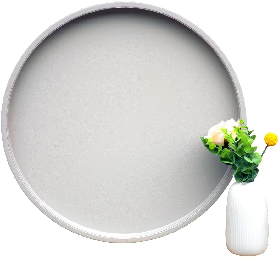20-inch Round Ottoman Serving Tray - Textured PU Leather Coffee Table Decor, Waterproof Heat-Resistant Large Organizer for Home, Office, Bed & Party Essentials (Tranquil Beige, 20in) Tranquil Beige 20"