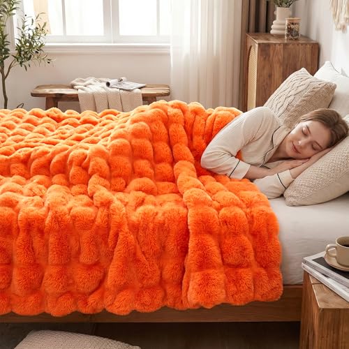 DREAMNINE Bubble Kaninchenfellimitat-Überwurfdecke, 150 x 180 cm, Orange – Ansicht 1