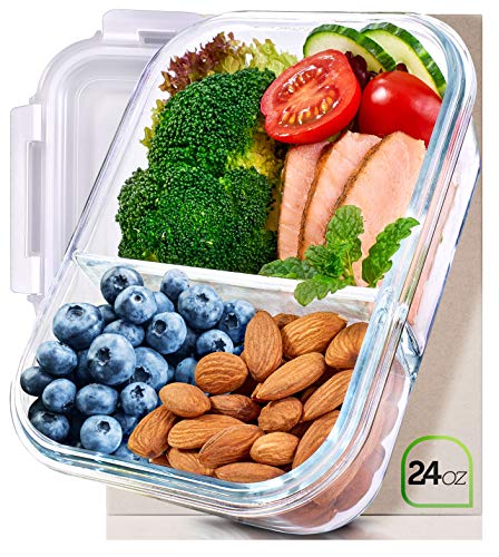 Prep Naturals Glass Meal Prep Containers Glass 2 Compartment - Glass Food Storage Containers Glass Storage Containers with Lids - Divided Glass Lunch Containers Food Container 24 Ounce