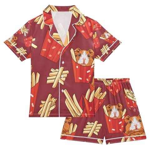 Guinea Pig French Fries Satin Summer Pajama Sets Silk Short Sleeve Button Down Sleepwear