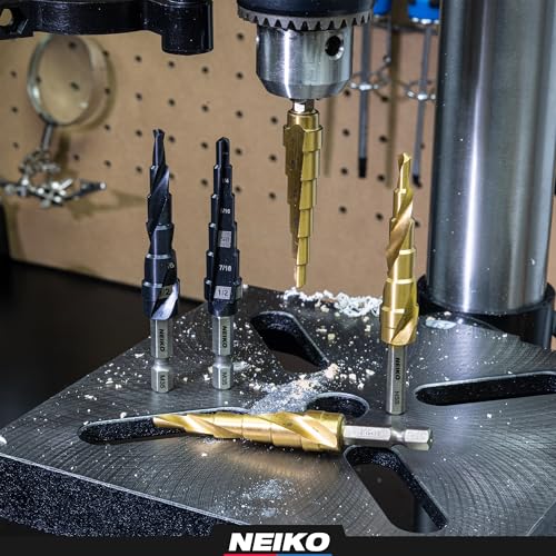 Image of NEIKO 10183A Step Drill Bit, 6 Steps 3 /16 inch to 1 /2 inch Straight High Speed Steel, Titanium Nitride Coated, 1 /4 inch Tri Flat Step Bits for Steel, Metal, Wood, Plastic, Unibit Cone Drill Bits, Two Flute