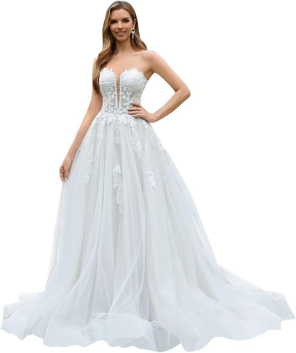 Strapless Wedding Dresses for Bride Tulle Appliques Ball Gown for Women Formal Long Bridal Gown