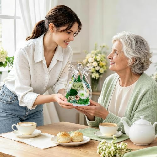 Image of encavy Birthday Gifts for Women,Fresh Flowers for Delivery,Preserved Rose Flowers in Angel Figurines,Light Up Green Angel Real Rainbow Roses for Mom Grandma Wife Her Girlfriend Anniversary