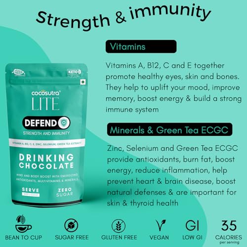 Image of Cocosutra DEFEND - Sugar Free Drinking Chocolate Mix | For Strength & Immunity Boost | With added Multivitamins, Minerals & Antioxidants | Vegan | Keto Friendly | 200 g